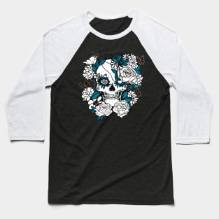 Skull Line Drawing with Butterflies and Flowers in Blue and Black Baseball T-Shirt